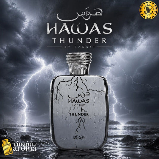 ⚡ Hawas Thunder de Rasasi
Una fragancia fresca, especiada y poderosa que abre con bergamota, manzana y jengibre, evolucionando hacia un corazón vibrante y cerrando con un fondo amaderado y ámbar que deja huella. Moderna, versátil y con ese toque eléctrico que te hace destacar sin esfuerzo.