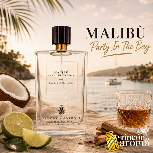 Malibu - Party in the Bay de Simone Andreoli es una fragancia unisex de la familia olfativa Floral Frutal Gourmand, lanzada en 2018. Evoca un cóctel de verano vibrante, inspirado en el clásico trago Daiquiri de coco