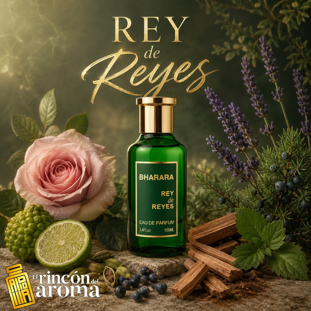 Bharara Rey de Reyes es una sofisticada fragancia unisex de la familia amaderada aromática. Destaca por su salida cítrica y vibrante, un corazón herbal-especiado y una base profunda y duradera. Es un aroma versátil, ideal para quienes buscan elegancia fresca sin llegar a ser empalagoso.