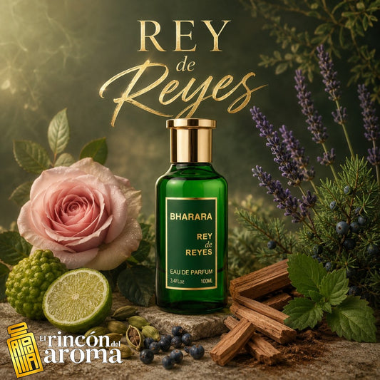 Bharara Rey de Reyes es una sofisticada fragancia unisex de la familia amaderada aromática. Destaca por su salida cítrica y vibrante, un corazón herbal-especiado y una base profunda y duradera. Es un aroma versátil, ideal para quienes buscan elegancia fresca sin llegar a ser empalagoso.
